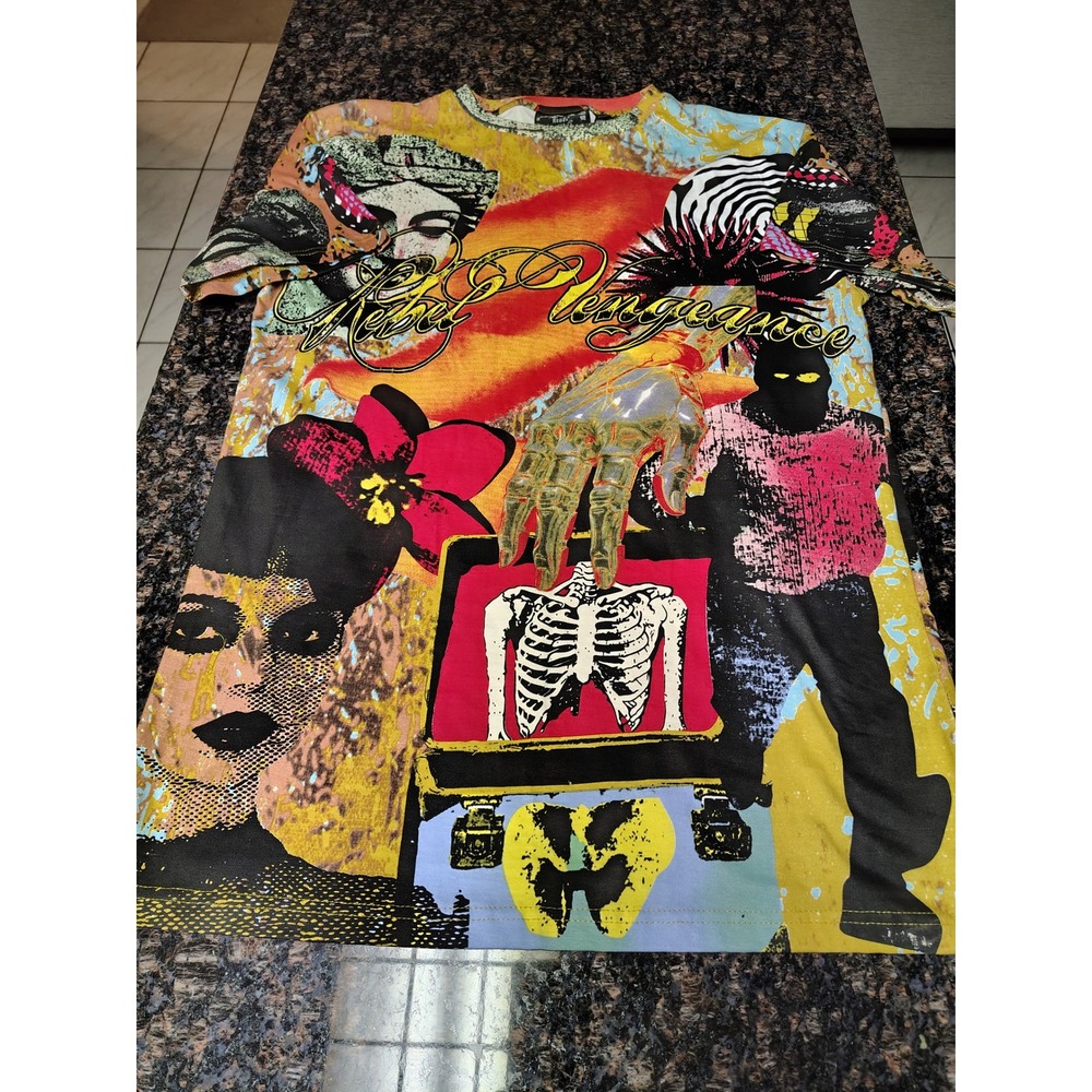 Rebel Vengeance Mens XL Graphic T-Shirt All Over Print Punk Streetwear Multi